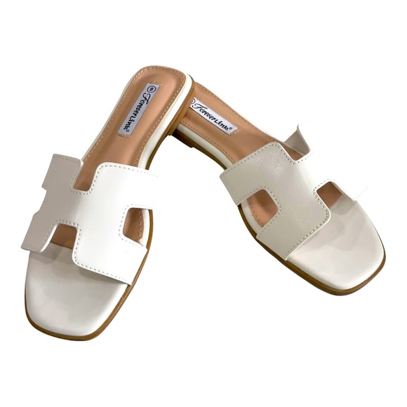 WHITE TRENDY H- SHAPED CUTOUT UPPOER SLIDE SANDALS - Picture 5 of 6